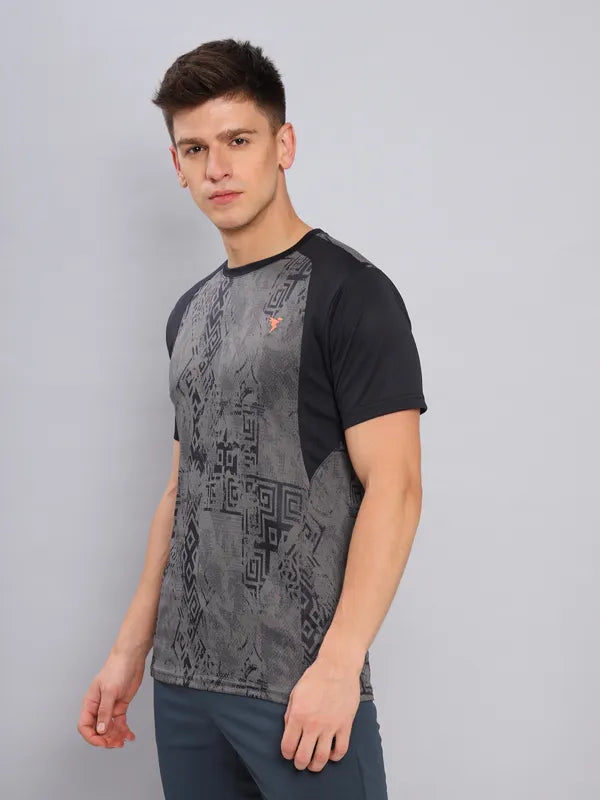 Men Self Design Slim Fit Crew Neck T-shirt with DOUBLE COOL