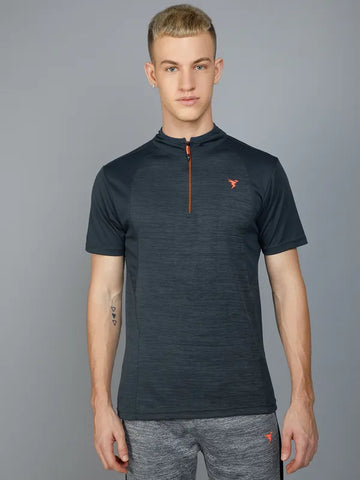 Men Melange Slim Fit Mock Neck T-shirt with TECHNO COOL+