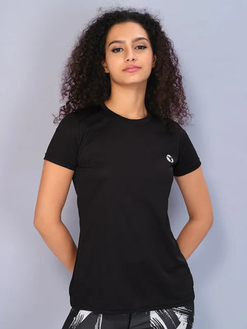 Women Solid Slim Fit Crew Neck T-shirt with TECHNO COOL