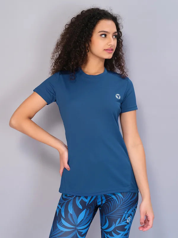 Women Solid Slim Fit Crew Neck T-shirt with TECHNO COOL