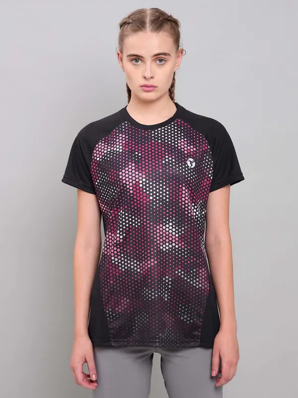 Women Abstract Print Slim Fit Crew Neck T-shirt with TECHNO COOL+