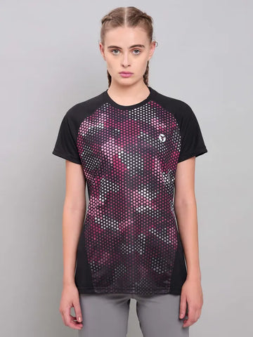 Women Abstract Print Slim Fit Crew Neck T-shirt with TECHNO COOL+