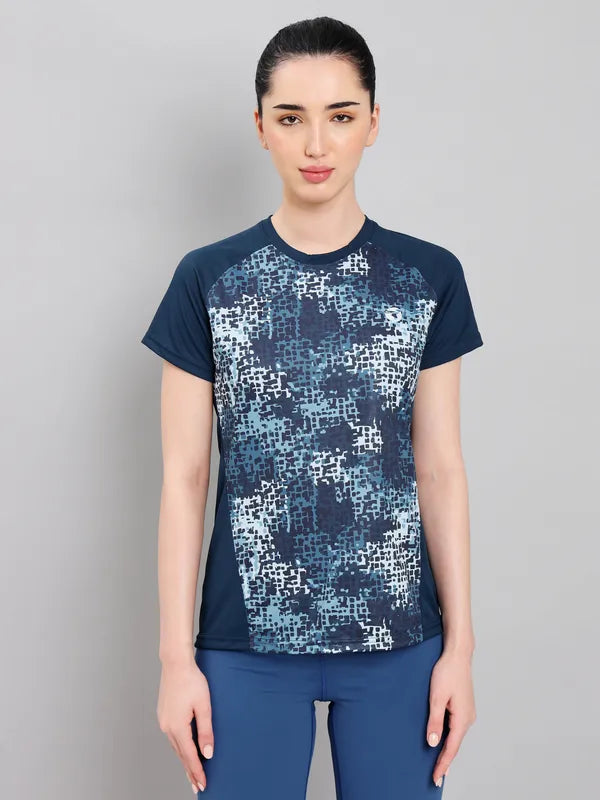 Women Abstract Print Slim Fit Crew Neck T-shirt with TECHNO COOL+