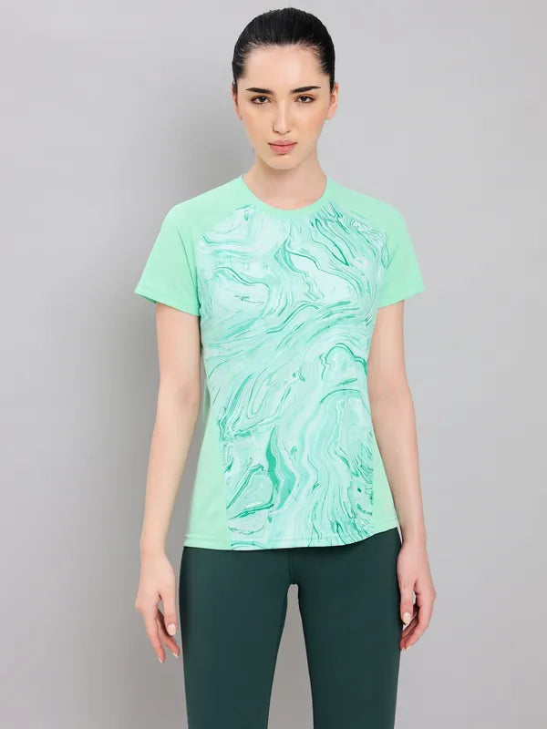 Women Abstract Print Slim Fit Crew Neck T-shirt with TECHNO COOL+