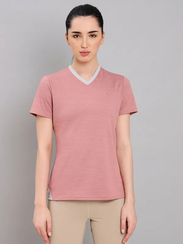 Women Solid Slim Fit V Neck T-shirt with DOUBLE COOL