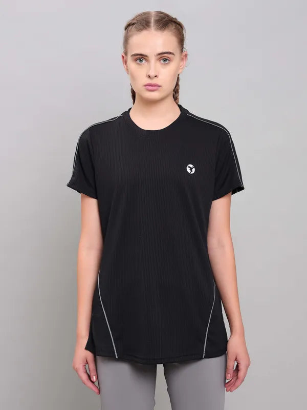 Women Self Design Slim Fit Crew Neck T-shirt with TECHNO COOL+