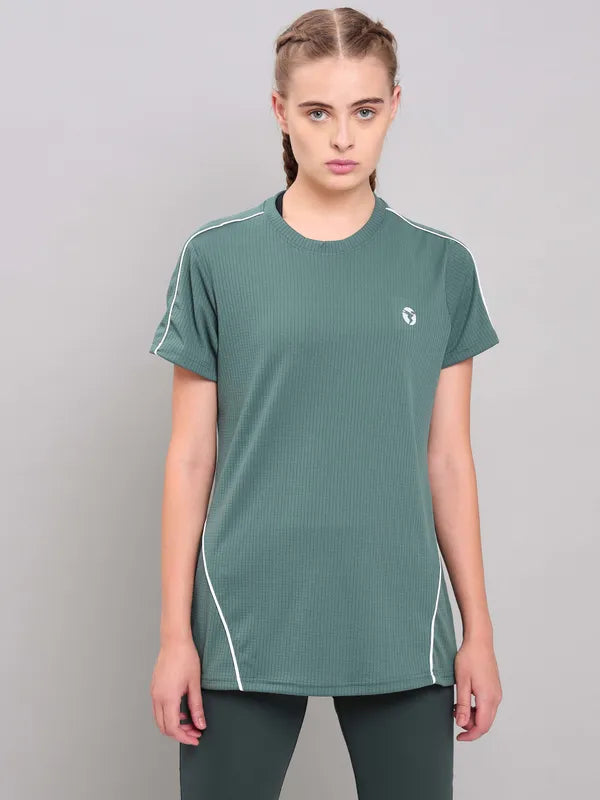 Women Self Design Slim Fit Crew Neck T-shirt with TECHNO COOL+