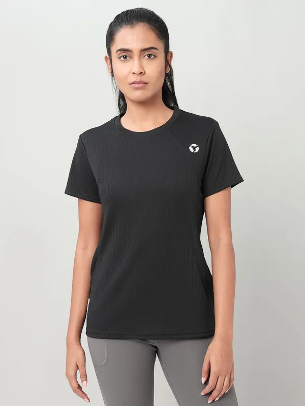 Women Self Design Slim Fit Crew Neck T-shirt with TECHNO COOL+