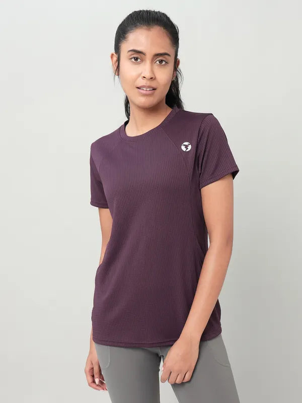Women Self Design Slim Fit Crew Neck T-shirt with TECHNO COOL+