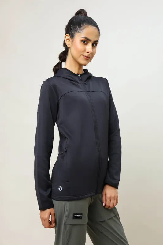 Women Solid Slim Fit Hooded Jacket with TECHNO WARM+